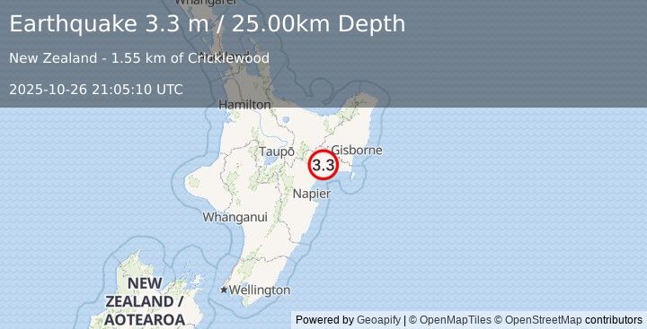Earthquake NORTH ISLAND OF NEW ZEALAND (3.3 m) (2025-10-26 21:05:10 UTC)