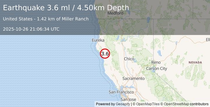 Earthquake NORTHERN CALIFORNIA (3.6 ml) (2025-10-26 21:06:34 UTC)