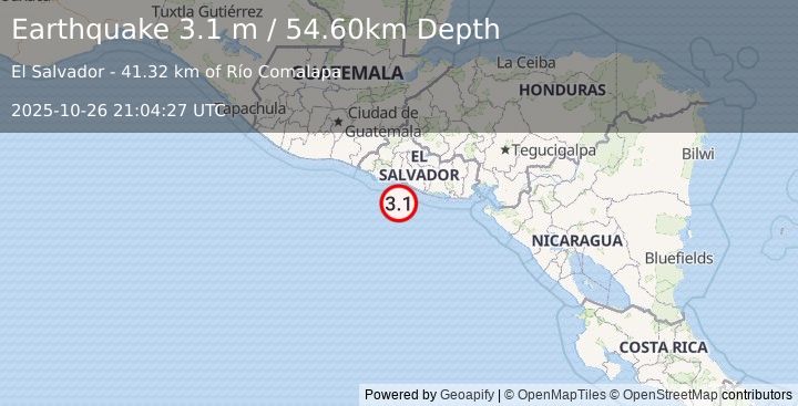 Earthquake OFFSHORE EL SALVADOR (3.1 m) (2025-10-26 21:04:27 UTC)