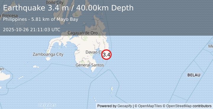 Earthquake MINDANAO, PHILIPPINES (3.4 m) (2025-10-26 21:11:03 UTC)