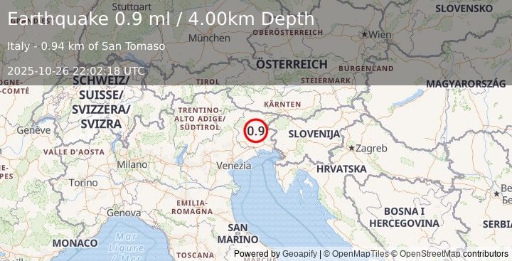 Earthquake NORTHERN ITALY (0.9 ml) (2025-10-26 22:02:18 UTC)