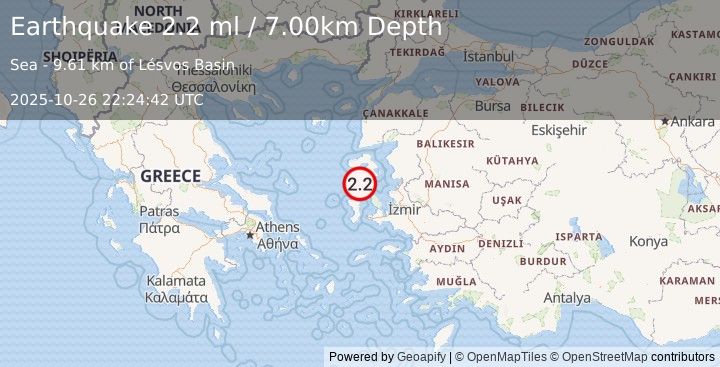 Earthquake NEAR THE COAST OF WESTERN TURKEY (2.2 ml) (2025-10-26 22:24:42 UTC)