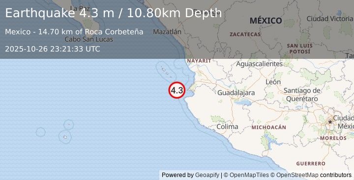 Earthquake OFFSHORE NAYARIT, MEXICO (4.3 m) (2025-10-26 23:21:33 UTC)