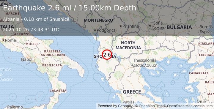 Earthquake ALBANIA (2.6 ml) (2025-10-26 23:43:31 UTC)