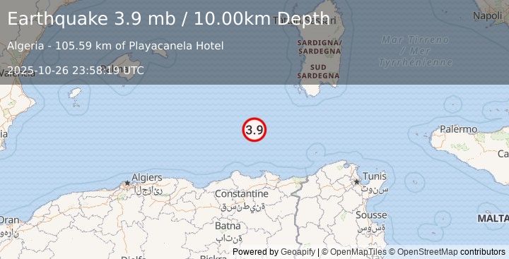 Earthquake WESTERN MEDITERRANEAN SEA (3.9 mb) (2025-10-26 23:58:19 UTC)