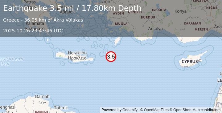 Earthquake DODECANESE ISLANDS, GREECE (3.5 ml) (2025-10-26 23:43:46 UTC)