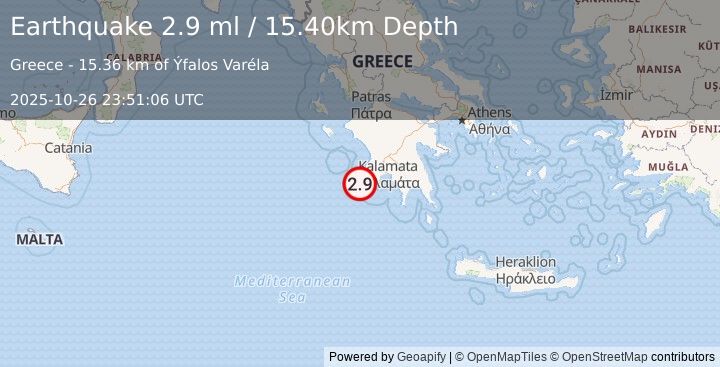 Earthquake SOUTHERN GREECE (2.9 ml) (2025-10-26 23:51:06 UTC)