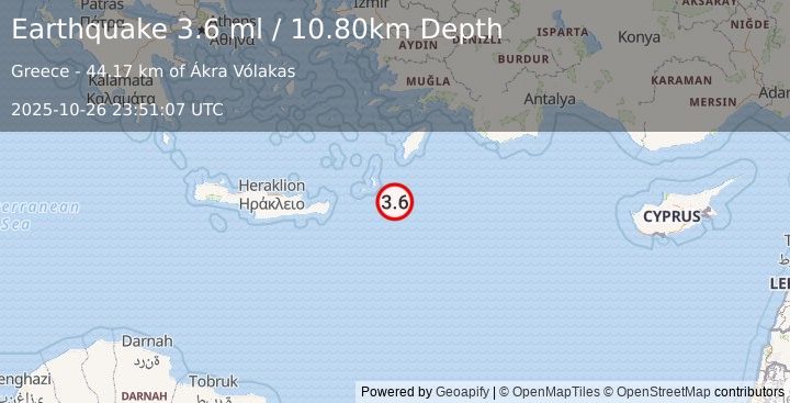 Earthquake DODECANESE ISLANDS, GREECE (3.6 ml) (2025-10-26 23:51:07 UTC)