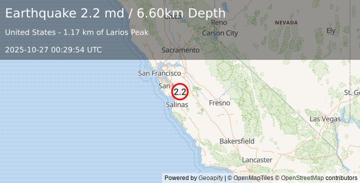 Earthquake NORTHERN CALIFORNIA (2.2 md) (2025-10-27 00:29:54 UTC)