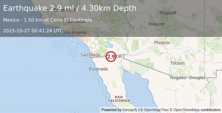 Earthquake BAJA CALIFORNIA, MEXICO (2.8 ml) (2025-10-27 00:41:23 UTC)