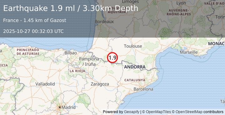 Earthquake FRANCE (1.9 ml) (2025-10-27 00:32:03 UTC)