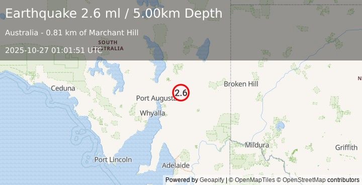 Earthquake NEAR COAST OF SOUTH AUSTRALIA (2.6 ml) (2025-10-27 01:01:51 UTC)