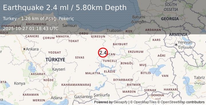 Earthquake EASTERN TURKEY (2.4 ml) (2025-10-27 01:18:43 UTC)