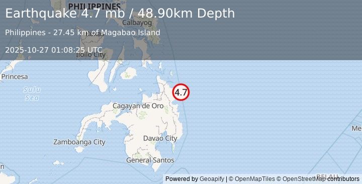 Earthquake MINDANAO, PHILIPPINES (4.7 mb) (2025-10-27 01:08:25 UTC)