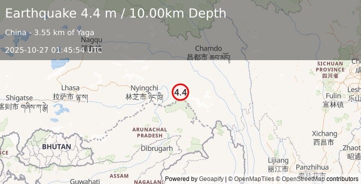 Earthquake EASTERN XIZANG-INDIA BORDER REG. (3.9 m) (2025-10-27 01:45:49 UTC)