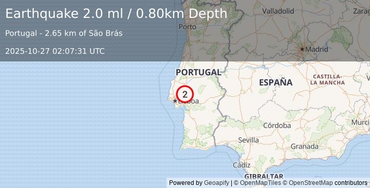 Earthquake PORTUGAL (2.0 ml) (2025-10-27 02:07:29 UTC)