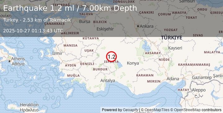 Earthquake WESTERN TURKEY (1.2 ml) (2025-10-27 01:13:43 UTC)