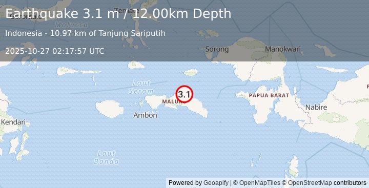 Earthquake SERAM, INDONESIA (3.1 m) (2025-10-27 02:17:57 UTC)