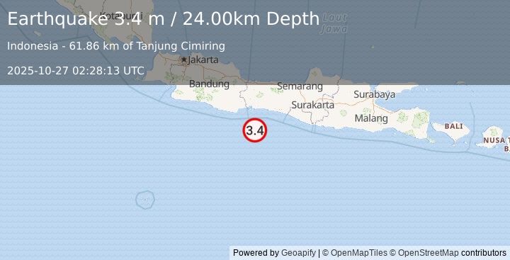 Earthquake JAVA, INDONESIA (3.4 m) (2025-10-27 02:28:13 UTC)
