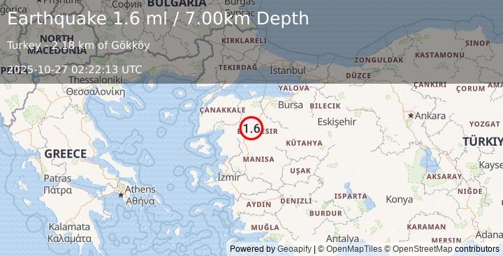 Earthquake WESTERN TURKEY (1.6 ml) (2025-10-27 02:22:13 UTC)