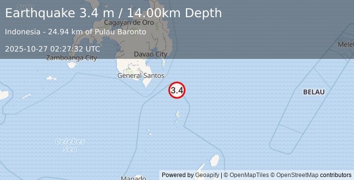 Earthquake MINDANAO, PHILIPPINES (3.4 m) (2025-10-27 02:27:32 UTC)