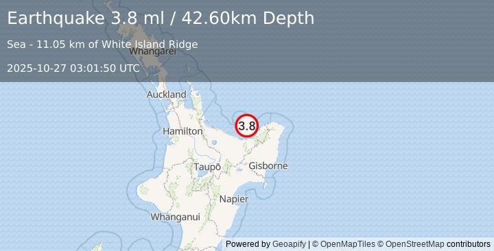 Earthquake OFF E. COAST OF N. ISLAND, N.Z. (3.8 ml) (2025-10-27 03:01:50 UTC)