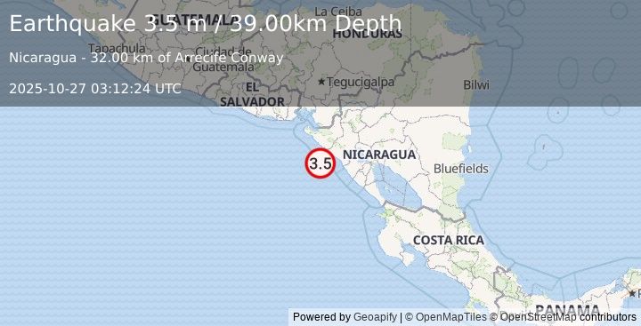 Earthquake NEAR COAST OF NICARAGUA (3.5 m) (2025-10-27 03:12:24 UTC)