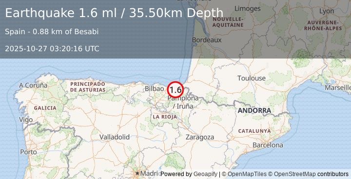 Earthquake PYRENEES (1.8 ml) (2025-10-27 03:20:55 UTC)