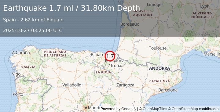 Earthquake PYRENEES (1.7 ml) (2025-10-27 03:25:00 UTC)