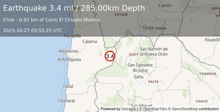 Earthquake ANTOFAGASTA, CHILE (3.4 ml) (2025-10-27 03:55:25 UTC)