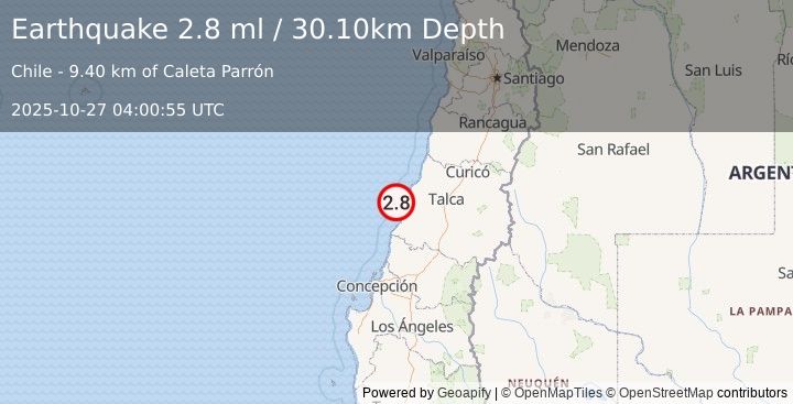 Earthquake OFFSHORE MAULE, CHILE (2.8 ml) (2025-10-27 04:00:55 UTC)