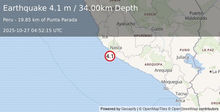 Earthquake NEAR COAST OF CENTRAL PERU (4.1 m) (2025-10-27 04:52:15 UTC)