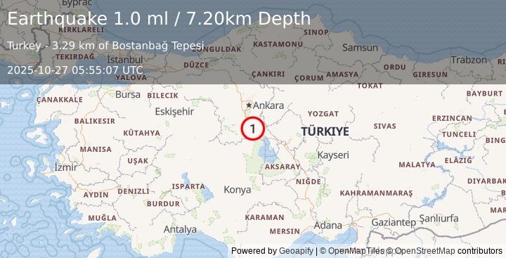 Earthquake CENTRAL TURKEY (1.0 ml) (2025-10-27 05:55:07 UTC)