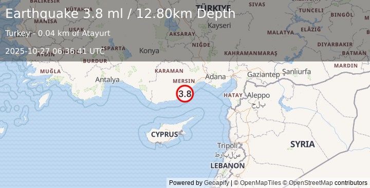 Earthquake CENTRAL TURKEY (3.8 ml) (2025-10-27 06:36:41 UTC)
