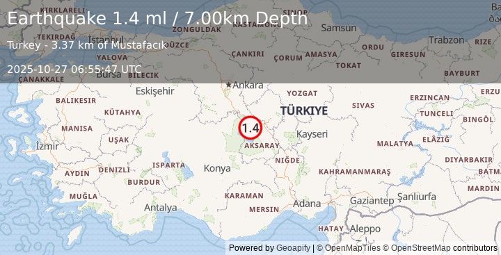 Earthquake CENTRAL TURKEY (1.4 ml) (2025-10-27 06:55:47 UTC)