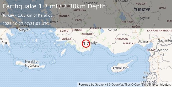 Earthquake WESTERN TURKEY (1.7 ml) (2025-10-27 07:31:01 UTC)