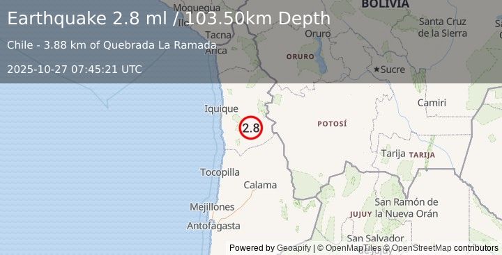 Earthquake TARAPACA, CHILE (2.8 ml) (2025-10-27 07:45:21 UTC)
