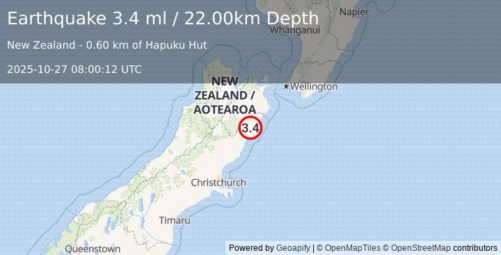 Earthquake SOUTH ISLAND OF NEW ZEALAND (3.4 ml) (2025-10-27 08:00:12 UTC)