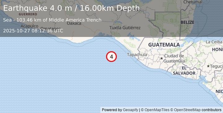 Earthquake OFF COAST OF CHIAPAS, MEXICO (4.0 m) (2025-10-27 08:12:36 UTC)