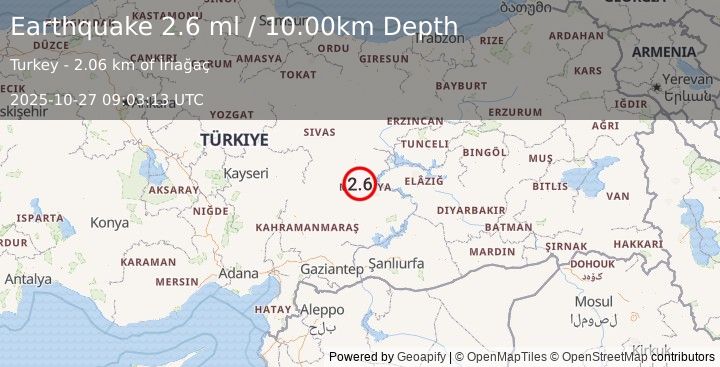 Earthquake CENTRAL TURKEY (2.6 ml) (2025-10-27 09:03:13 UTC)