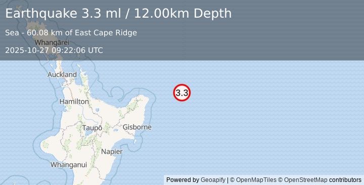 Earthquake OFF E. COAST OF N. ISLAND, N.Z. (3.3 ml) (2025-10-27 09:22:06 UTC)