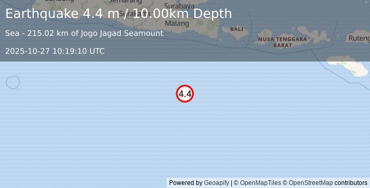 Earthquake SOUTH OF JAVA, INDONESIA (4.4 m) (2025-10-27 10:19:10 UTC)