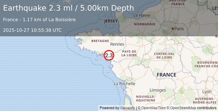 Earthquake FRANCE (2.3 ml) (2025-10-27 10:55:38 UTC)