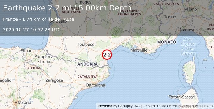 Earthquake NEAR SOUTH COAST OF FRANCE (2.2 ml) (2025-10-27 10:52:28 UTC)