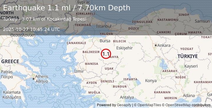 Earthquake WESTERN TURKEY (1.1 ml) (2025-10-27 10:46:08 UTC)