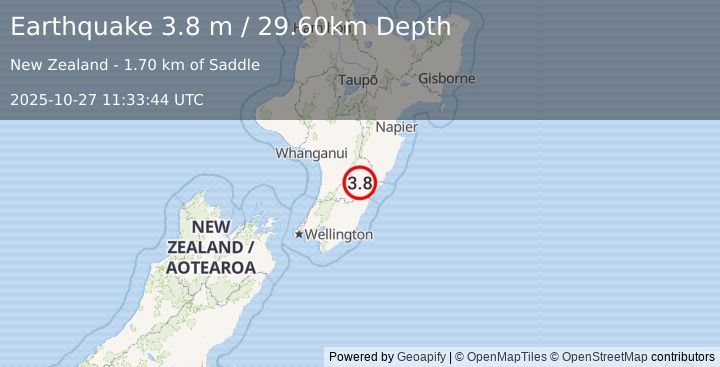 Earthquake NORTH ISLAND OF NEW ZEALAND (3.8 m) (2025-10-27 11:33:44 UTC)