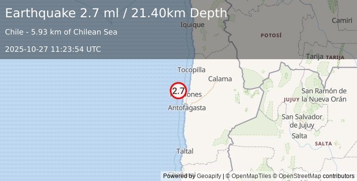 Earthquake OFFSHORE ANTOFAGASTA, CHILE (2.7 ml) (2025-10-27 11:23:54 UTC)