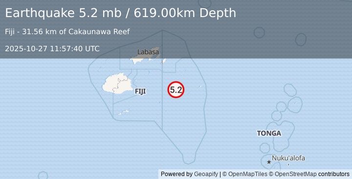 Earthquake FIJI REGION (4.6 mb) (2025-10-27 11:57:41 UTC)