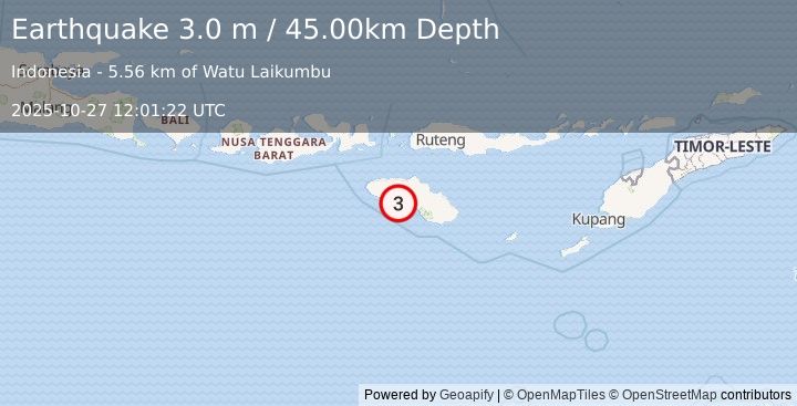 Earthquake SUMBA REGION, INDONESIA (3.0 m) (2025-10-27 12:01:22 UTC)