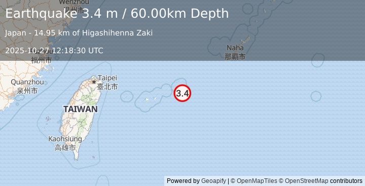 Earthquake SOUTHWESTERN RYUKYU ISL., JAPAN (3.4 m) (2025-10-27 12:18:30 UTC)